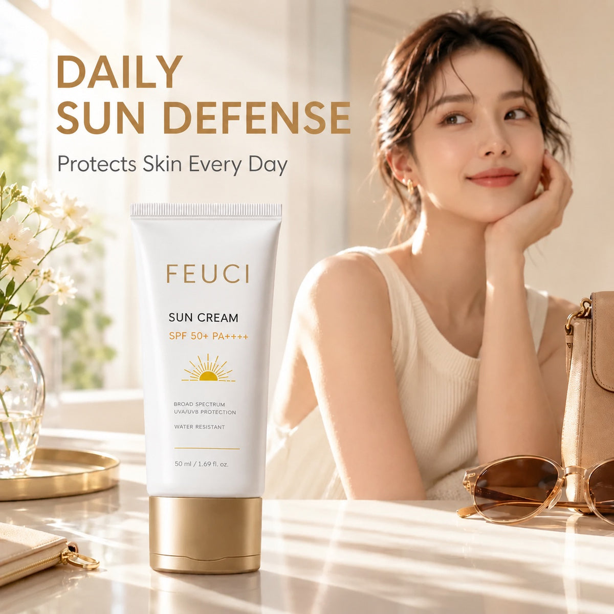 FECUI Sun Cream SPF 50+ PA++++, Broad Spectrum UVA/UVB Sunscreen, Water Resistant Daily Sun Protection for Face & Body, 1.69 fl oz