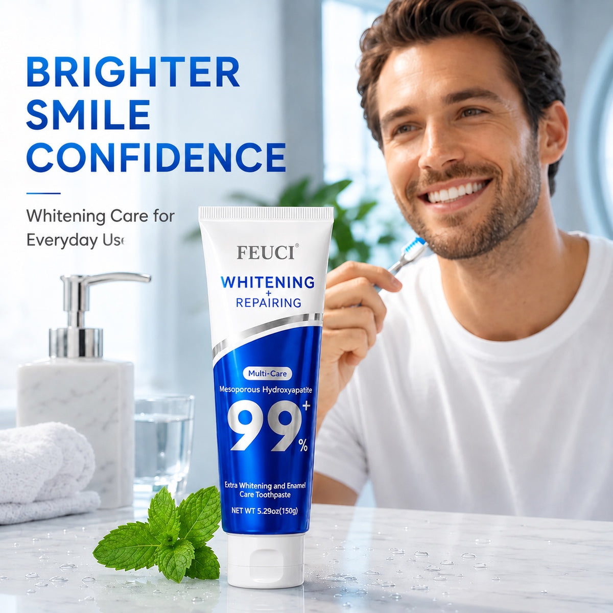 FECUI Fresh Mint Toothpaste, Gentle Whitening Toothpaste with Fluoride Protection, Freshens Breath, Enamel Safe Daily Toothpaste, 4.2 OZ