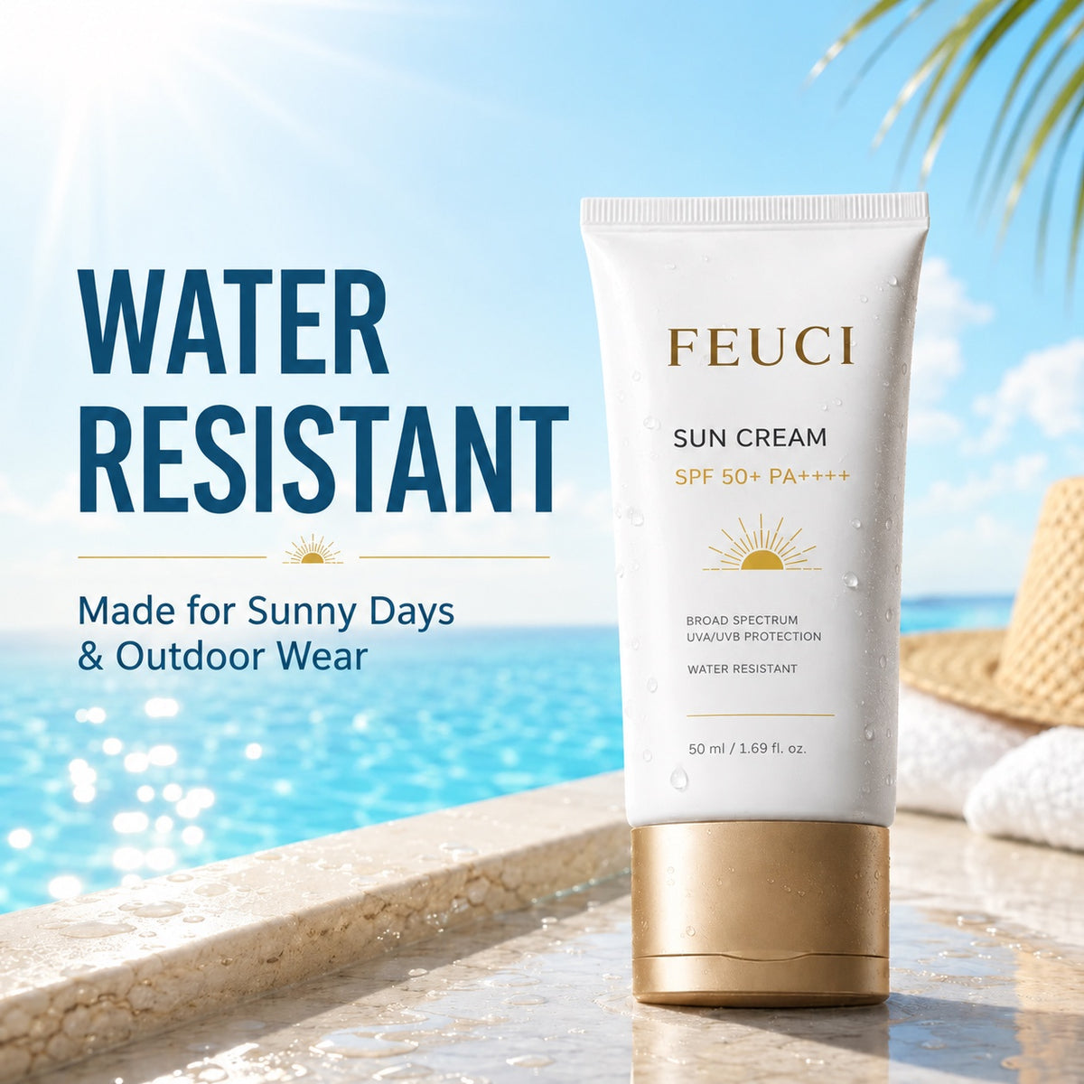 FECUI Sun Cream SPF 50+ PA++++, Broad Spectrum UVA/UVB Sunscreen, Water Resistant Daily Sun Protection for Face & Body, 1.69 fl oz
